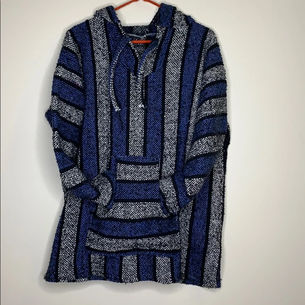 Baja | Blue Mexican Authentic Drug Rug Hoodie Imported Drug Rug Kangaroo Pocket - Picture 9 of 10